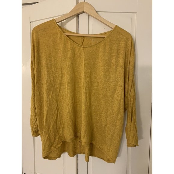Garnet Hill Tops - Garnet Hill Top Women’s Medium Mustard Yellow Organic Linen V-Neck Dolman Sleeve